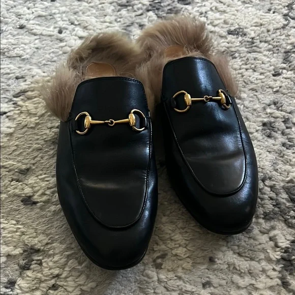 Gucci | Shoes | Gucci Black And Brown Fur Loafers With Gold  display picture 1
